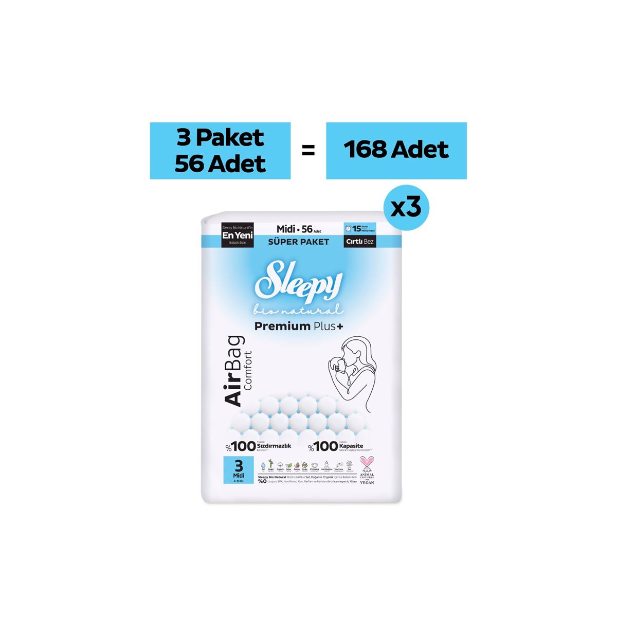 Sleepy Bio Natural Premium Plus Airbag Comfort Mega Paket Bebek Bezi 3 Numara Midi 168 Adet