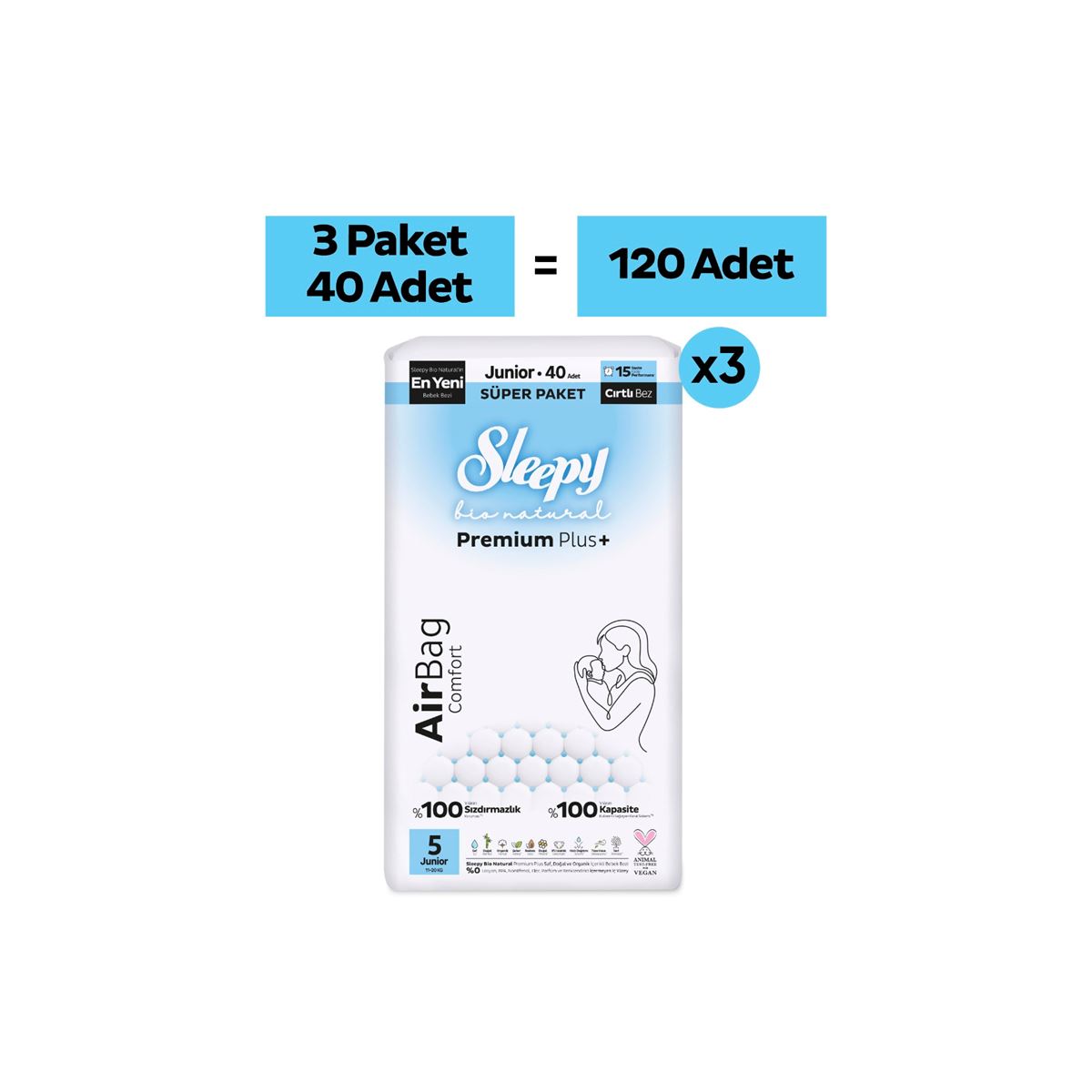 Sleepy Bio Natural Premium Plus Airbag Comfort Mega Paket Bebek Bezi 5 Numara Junior 120 Adet