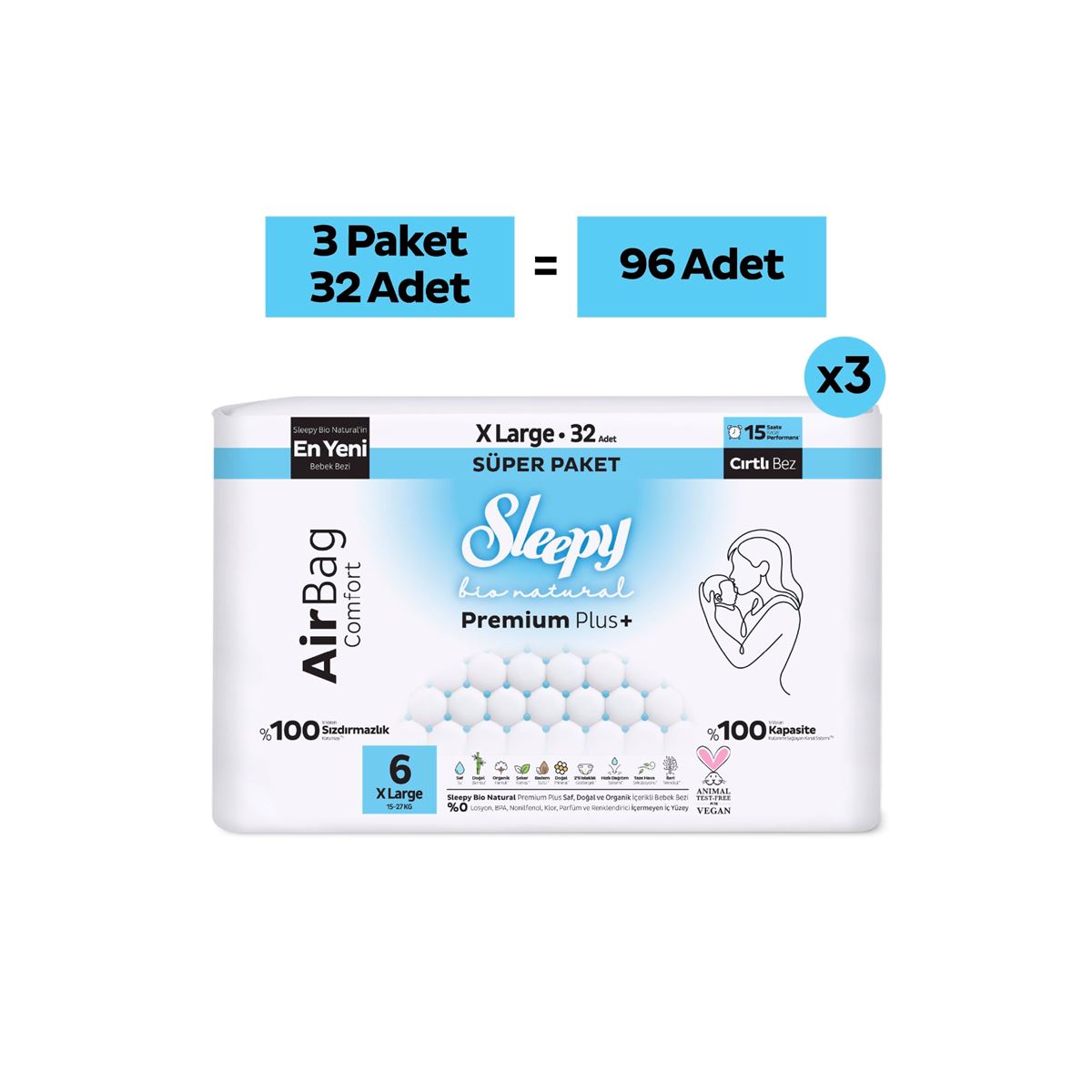 Sleepy Bio Natural Premium Plus Airbag Comfort Mega Paket Bebek Bezi 6 Numara Xlarge 96 Adet