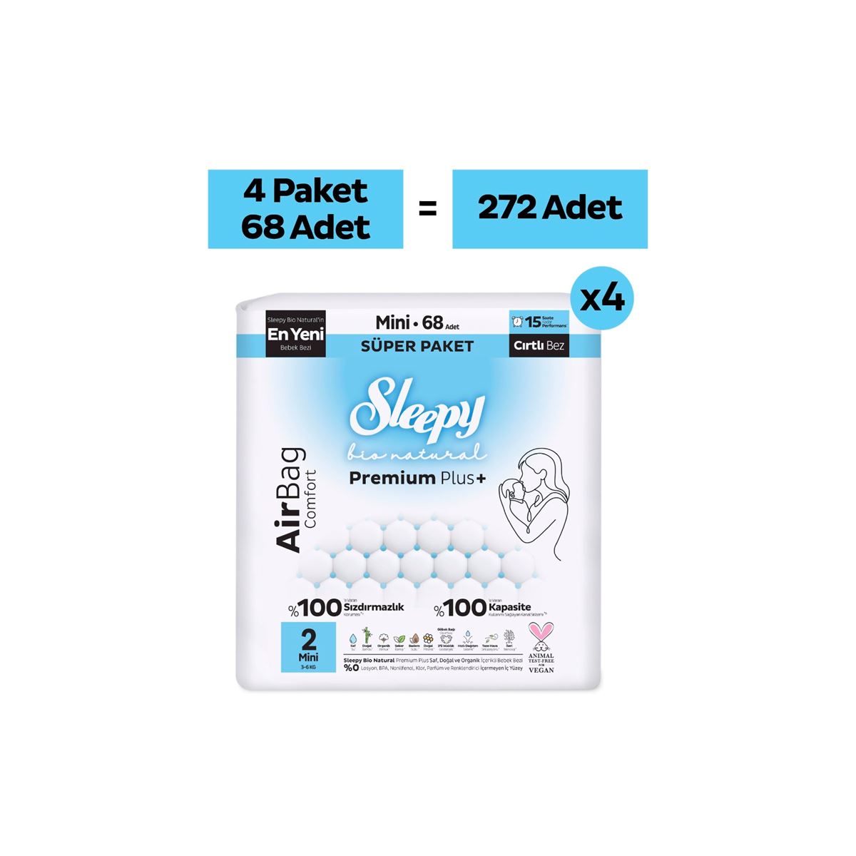 Sleepy Bio Natural Premium Plus Airbag Comfort Ultra Paket Bebek Bezi 2 Numara Mini 272 Adet