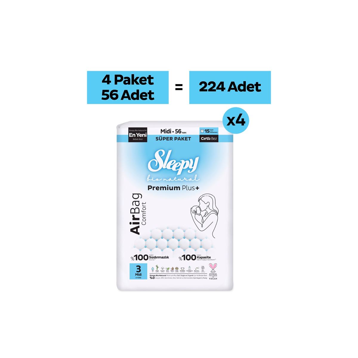 Sleepy Bio Natural Premium Plus Airbag Comfort Ultra Paket Bebek Bezi 3 Numara Midi 224 Adet