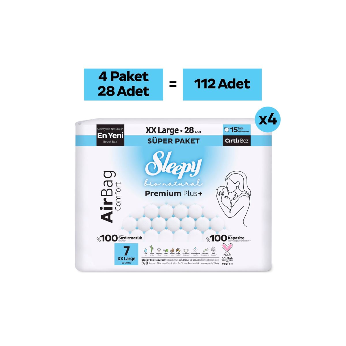Sleepy Bio Natural Premium Plus Airbag Comfort Ultra Paket Bebek Bezi 7 Numara Xxlarge 112 Adet