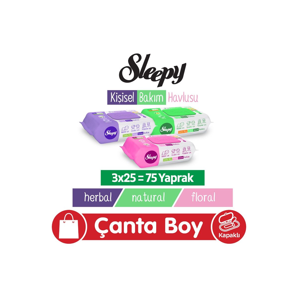 Sleepy Natural + Floral + Herbal Kişisel Bakım Havlusu Çanta Boy 3x25 (75 Yaprak)