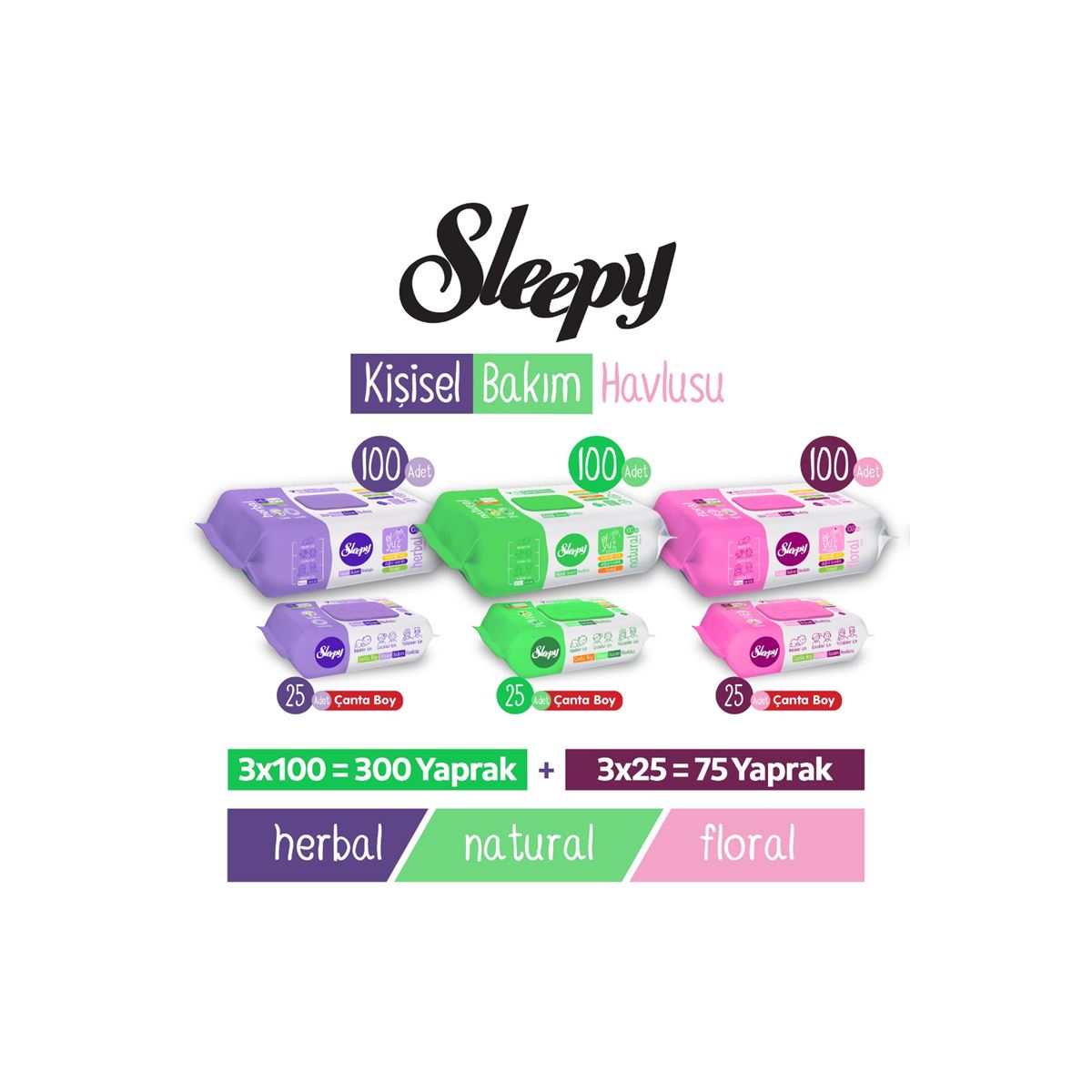 Sleepy Karma Kişisel Bakım Havlusu 3x100 (300 Yaprak) + Sleepy Karma Çanta Boy 3x25 (75 Yaprak)