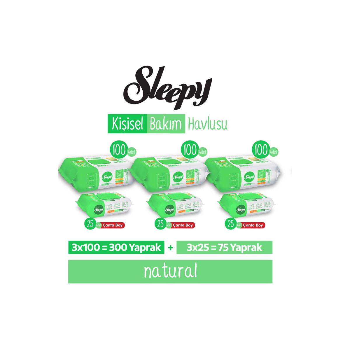 Sleepy Natural Kişisel Bakım Havlusu 3x100 (300 Yaprak) + Çanta Boy 3x25 (75 Yaprak)