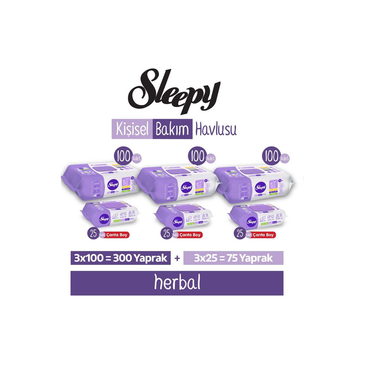 Sleepy Herbal Kişisel Bakım Havlusu 3x100 (300 Yaprak) + Çanta Boy 3x25 (75 Yaprak)