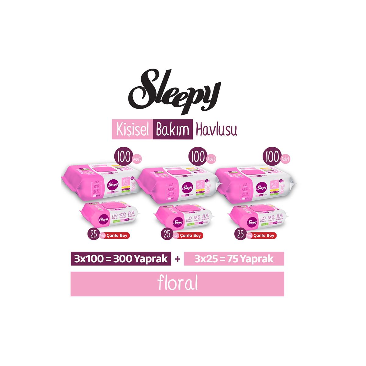 Sleepy Floral Kişisel Bakım Havlusu 3x100 (300 Yaprak) + Çanta Boy 3x25 (75 Yaprak)