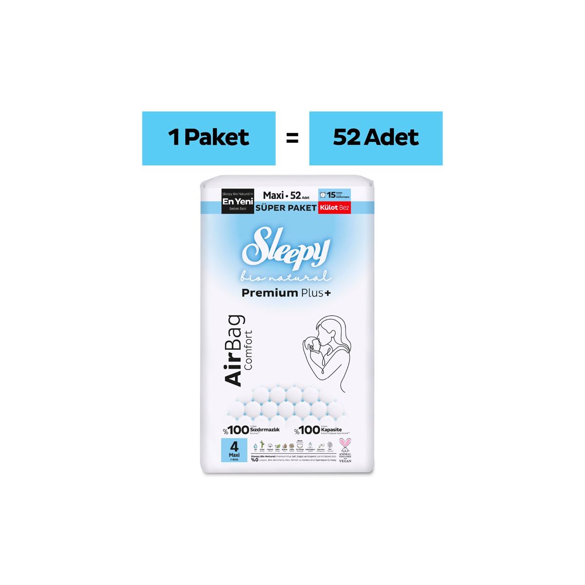 Sleepy Bio Natural Premium Plus Airbag Comfort Süper Paket Külot Bez 4 Numara Maxi 52 Adet