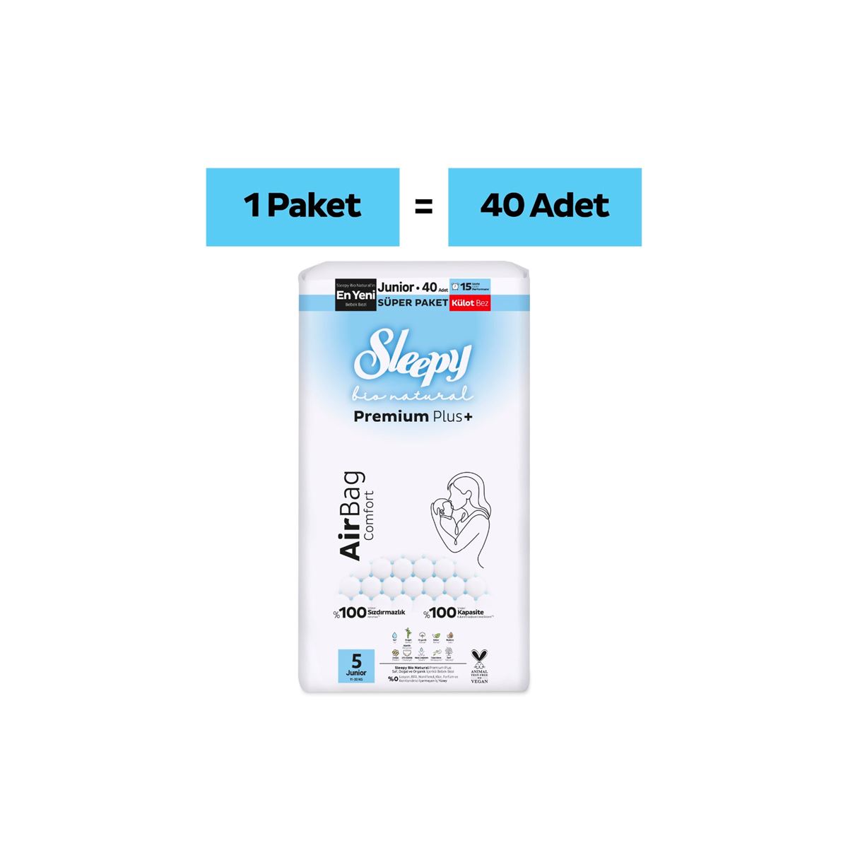 Sleepy Bio Natural Premium Plus Airbag Comfort Süper Paket Külot Bez 5 Numara Junior 40 Adet