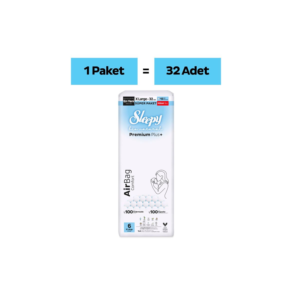 Sleepy Bio Natural Premium Plus Airbag Comfort Süper Paket Külot Bez 6 Numara Xlarge 32 Adet