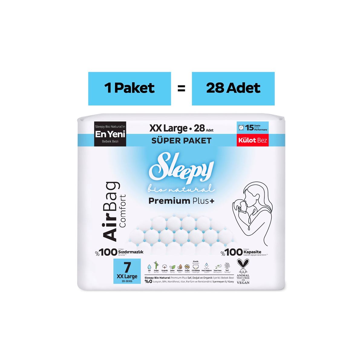 Sleepy Bio Natural Premium Plus Airbag Comfort Süper Paket Külot Bez 7 Numara Xxlarge 28 Adet