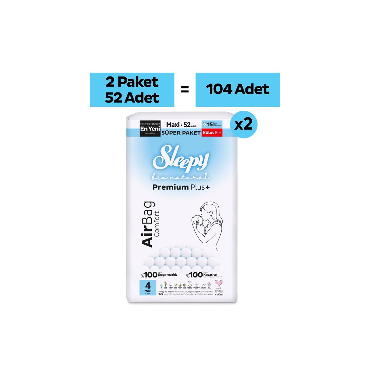 Sleepy Bio Natural Premium Plus Airbag Comfort Avantaj Paketi Külot Bez 4 Numara Maxi 104 Adet