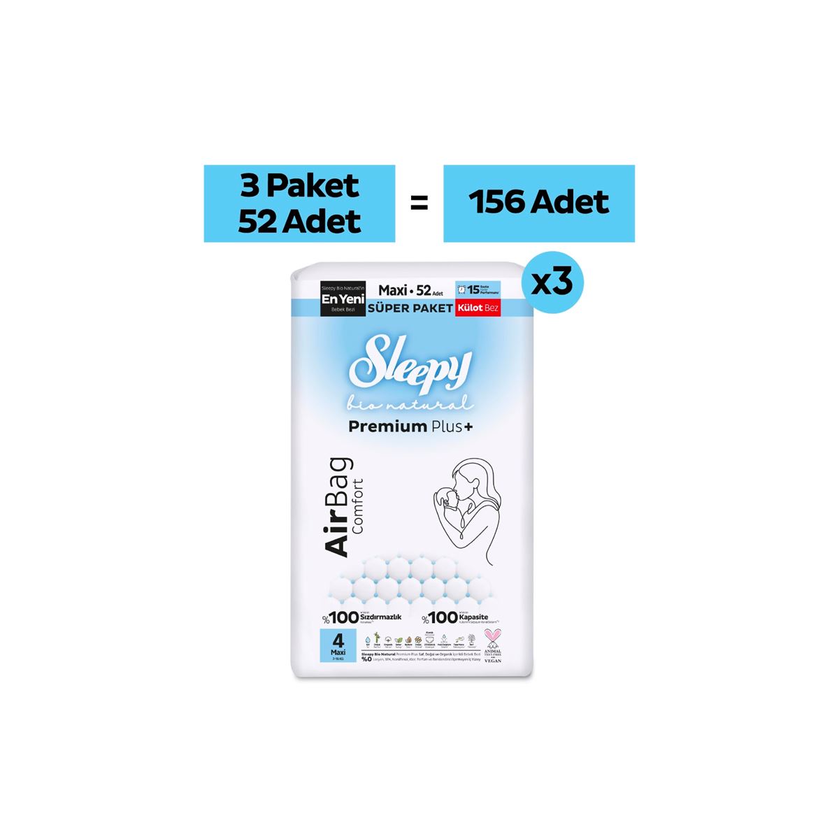 Sleepy Bio Natural Premium Plus Airbag Comfort Mega Paket Külot Bez 4 Numara Maxi 156 Adet