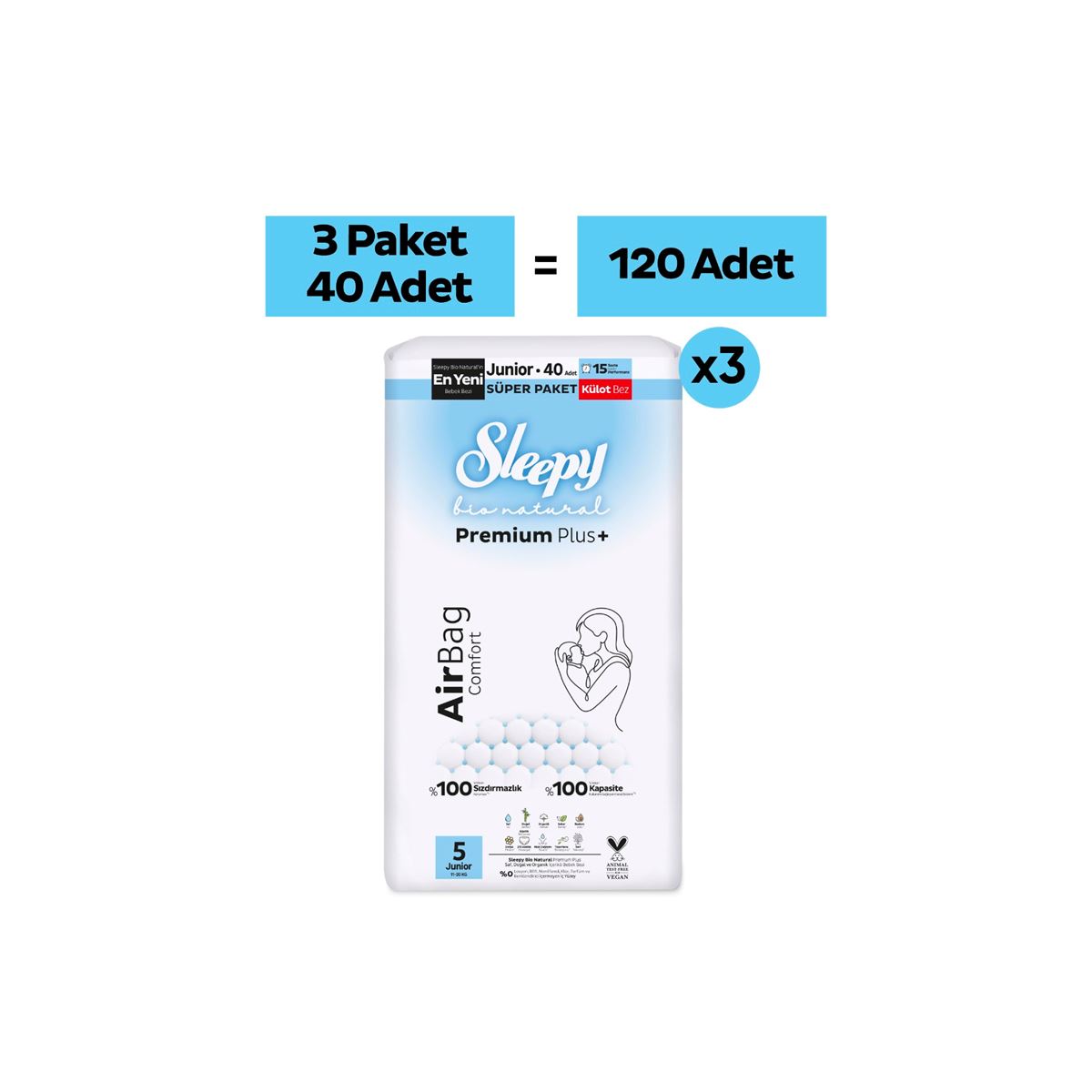 Sleepy Bio Natural Premium Plus Airbag Comfort Mega Paket Külot Bez 5 Numara Junior 120 Adet