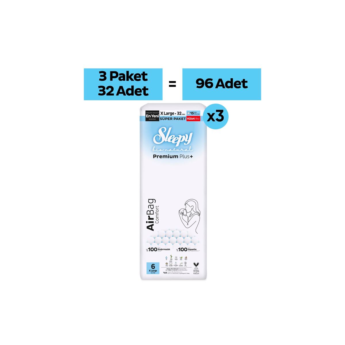 Sleepy Bio Natural Premium Plus Airbag Comfort Mega Paket Külot Bez 6 Numara Xlarge 96 Adet