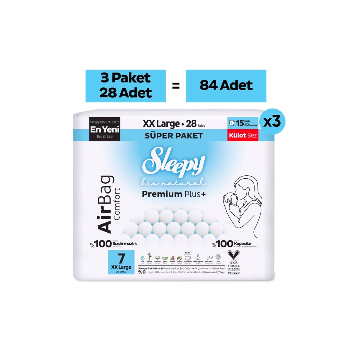 Sleepy Bio Natural Premium Plus Airbag Comfort Mega Paket Külot Bez 7 Numara Xxlarge 84 Adet