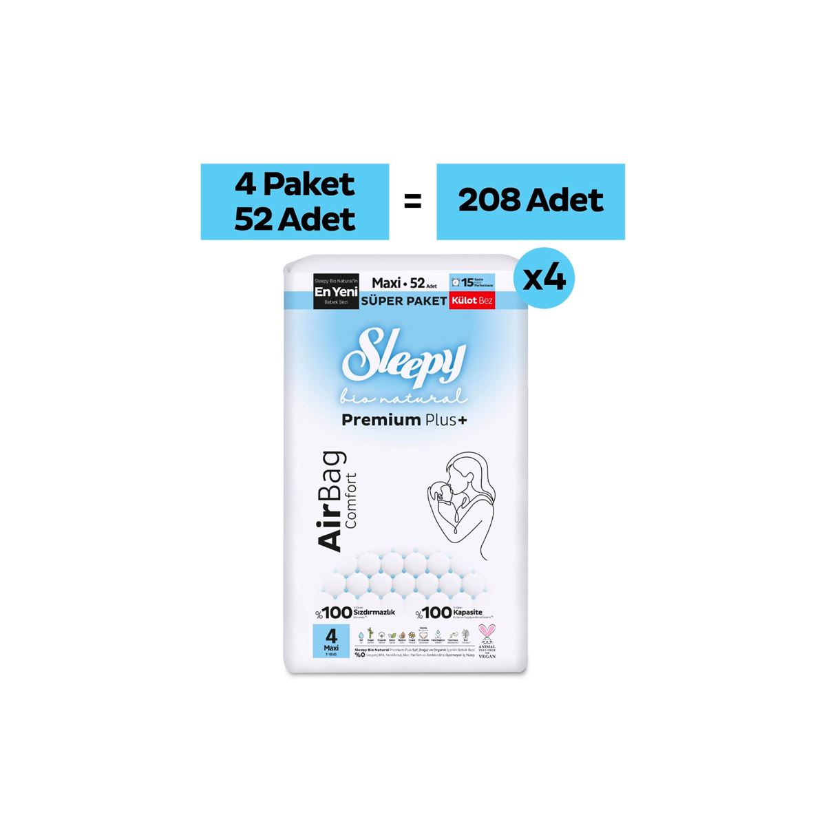 Sleepy Bio Natural Premium Plus Airbag Comfort Ultra Paket Külot Bez 4 Numara Maxi 208 Adet