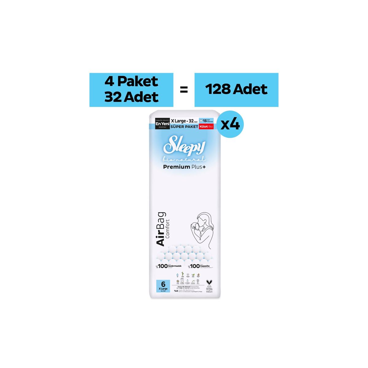 Sleepy Bio Natural Premium Plus Airbag Comfort Ultra Paket Külot Bez 6 Numara Xlarge 128 Adet