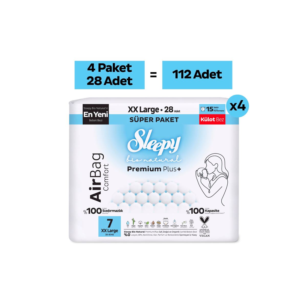 Sleepy Bio Natural Premium Plus Airbag Comfort Ultra Paket Külot Bez 7 Numara Xxlarge 112 Adet