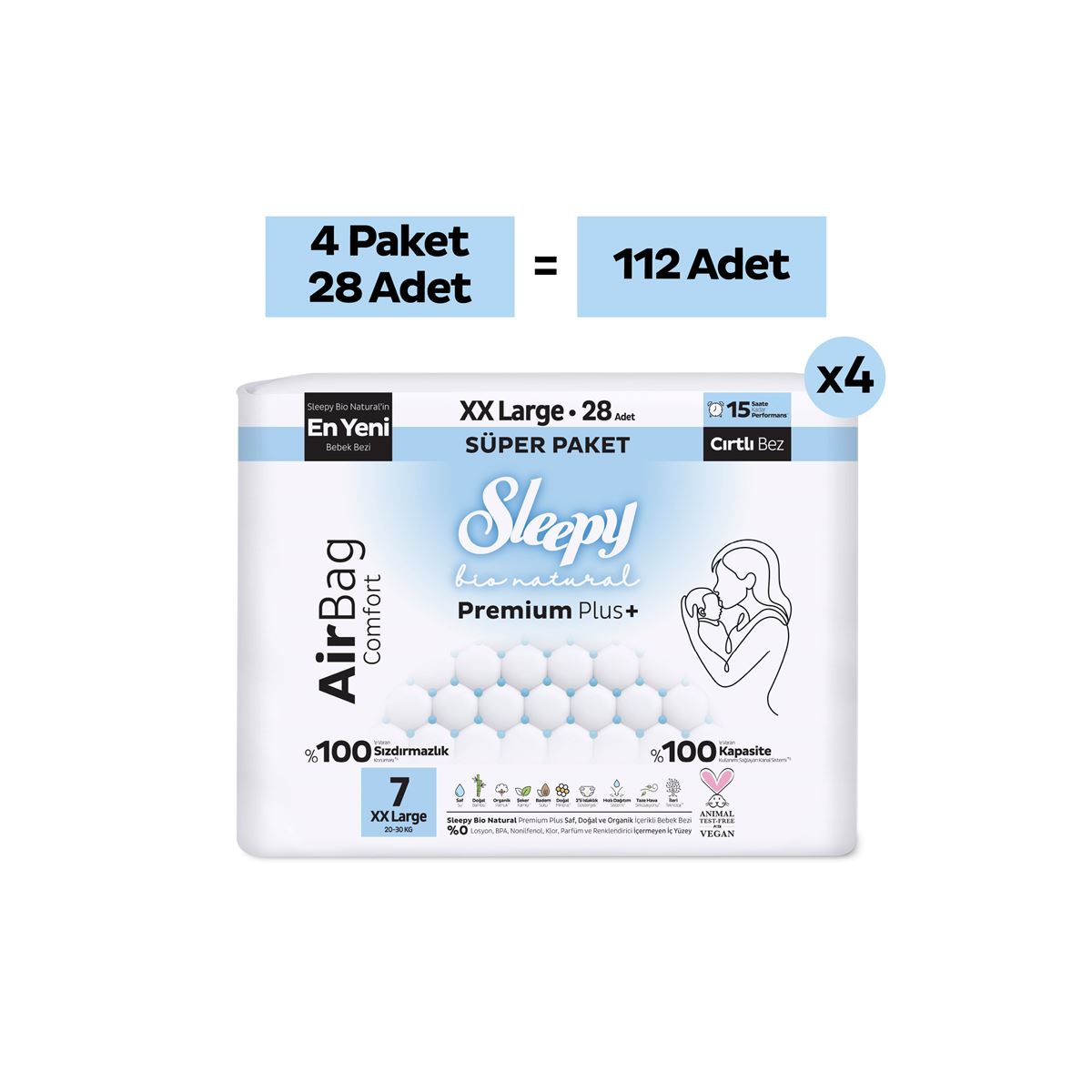 Sleepy Bio Natural Premium Plus Airbag Comfort Ultra Paket Bebek Bezi 7 Numara Xxlarge 112 Adet