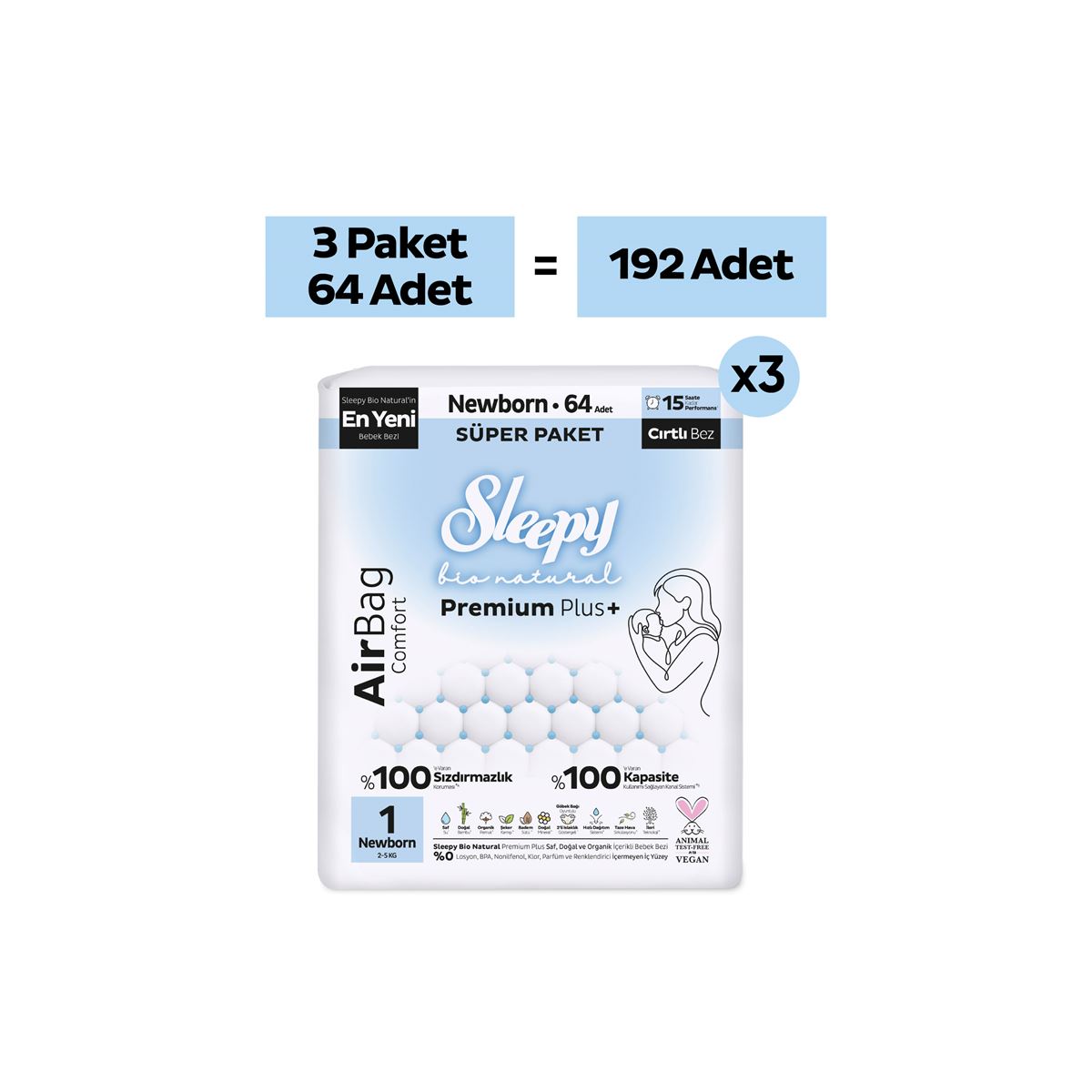 Sleepy Bio Natural Premium Plus Airbag Comfort Mega Paket Bebek Bezi 1 Numara Newborn 192 Adet