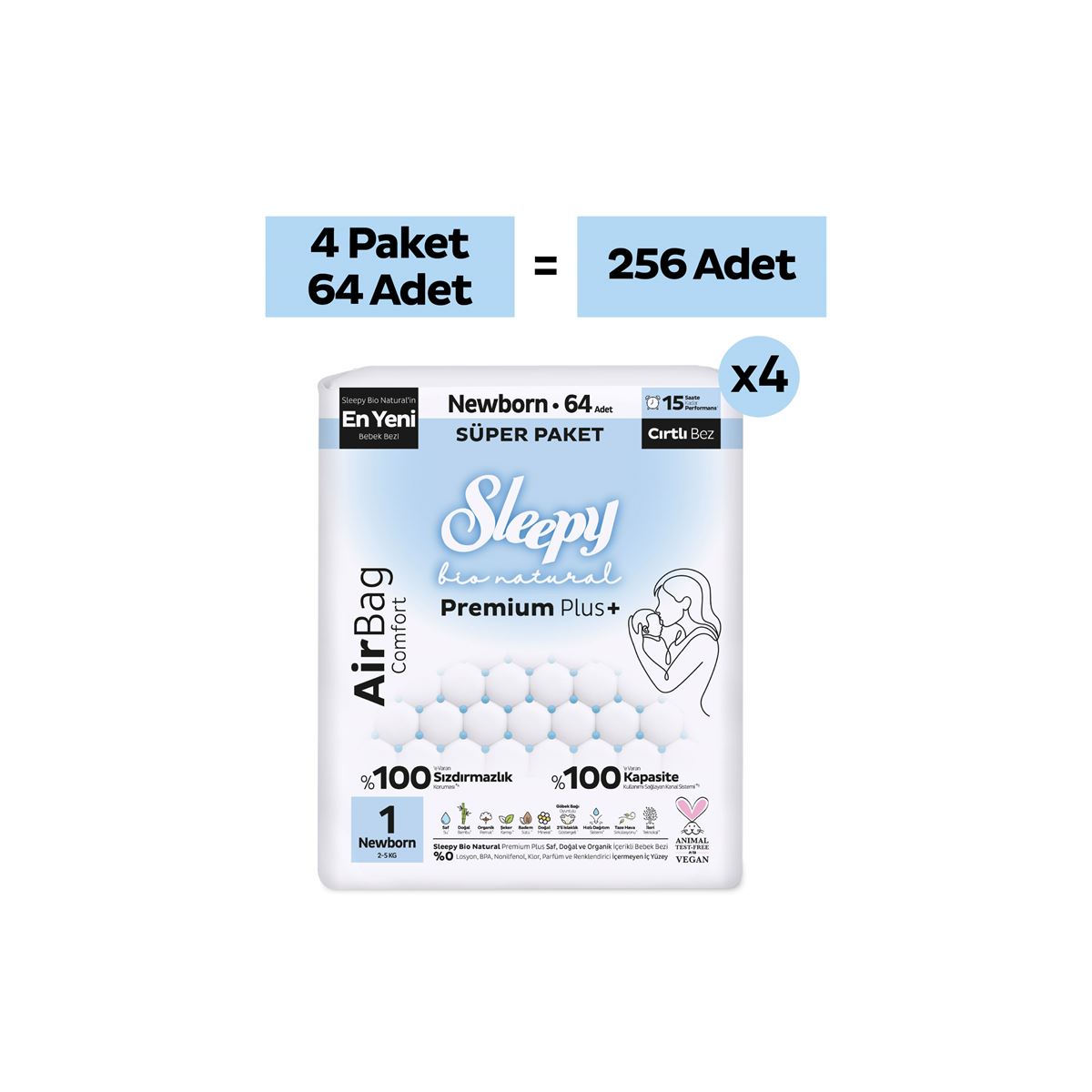 Sleepy Bio Natural Premium Plus Airbag Comfort Ultra Paket Bebek Bezi 1 Numara Newborn 256 Adet