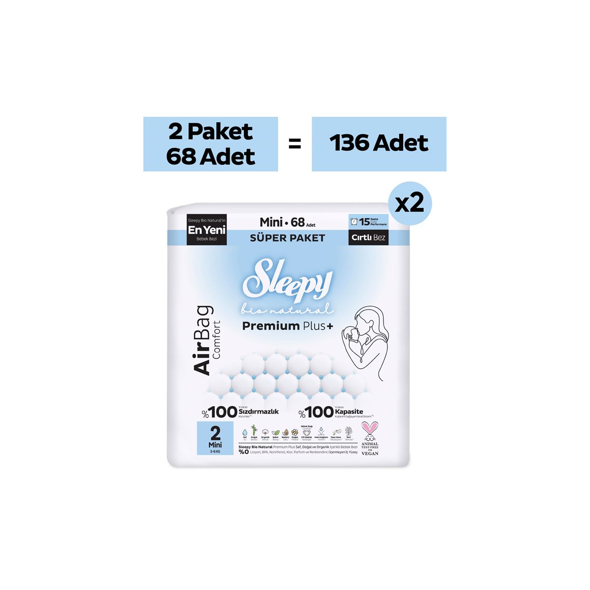 Sleepy Bio Natural Premium Plus Airbag Comfort Avantaj Paketi Bebek Bezi 2 Numara Mini 136 Adet