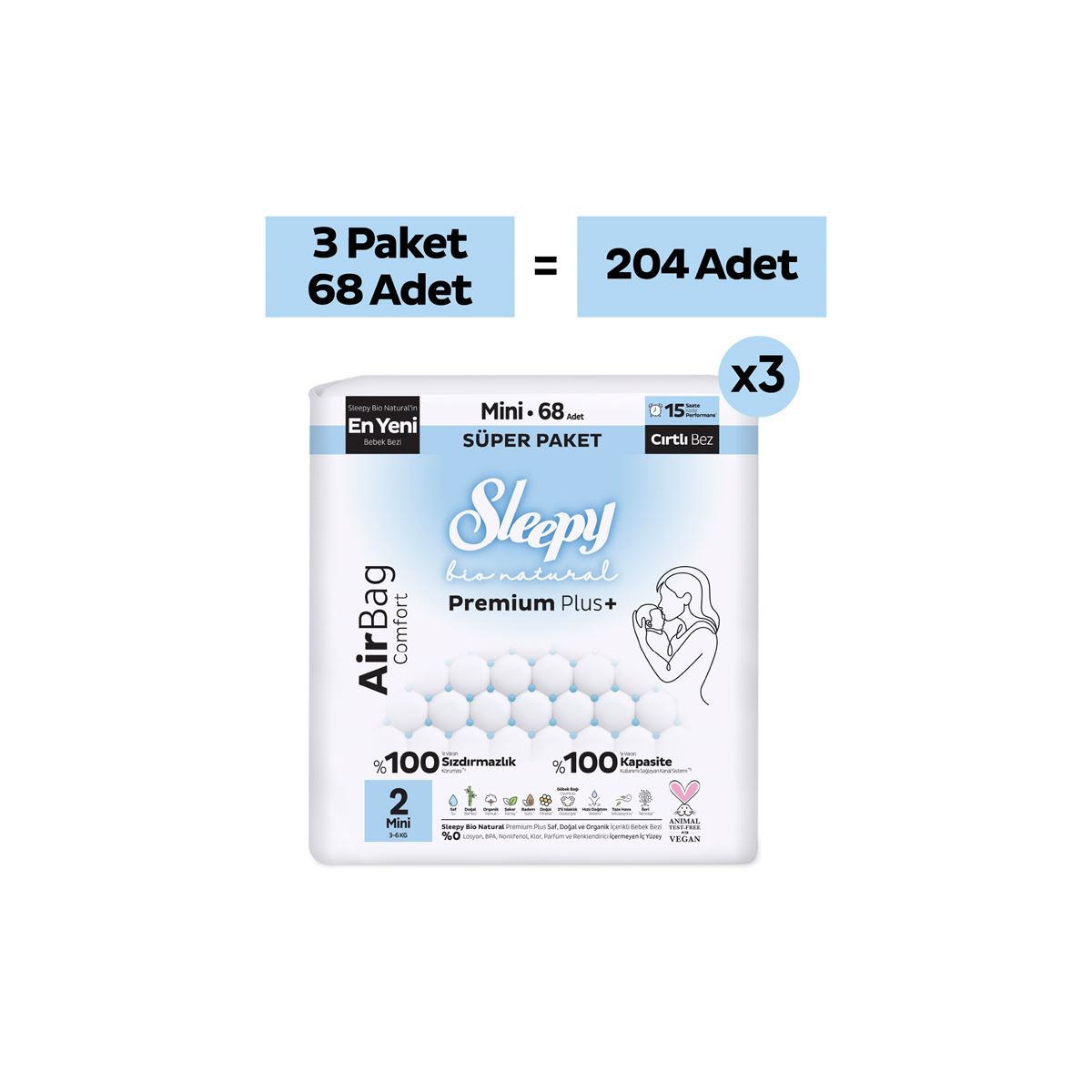Sleepy Bio Natural Premium Plus Airbag Comfort Mega Paket Bebek Bezi 2 Numara Mini 204 Adet