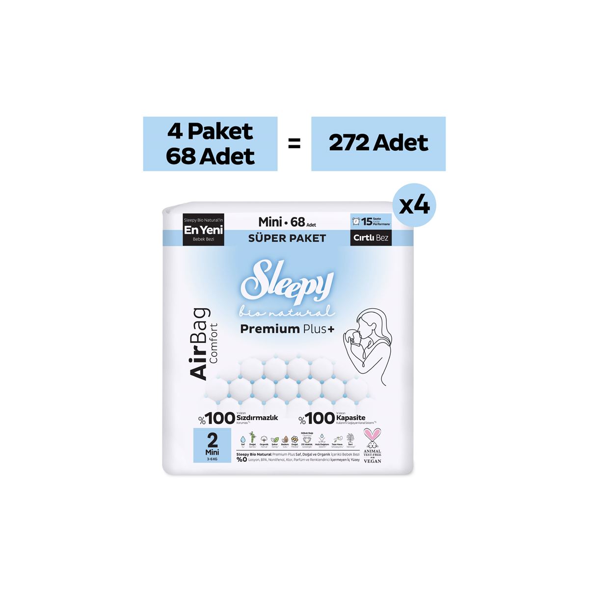 Sleepy Bio Natural Premium Plus Airbag Comfort Ultra Paket Bebek Bezi 2 Numara Mini 272 Adet
