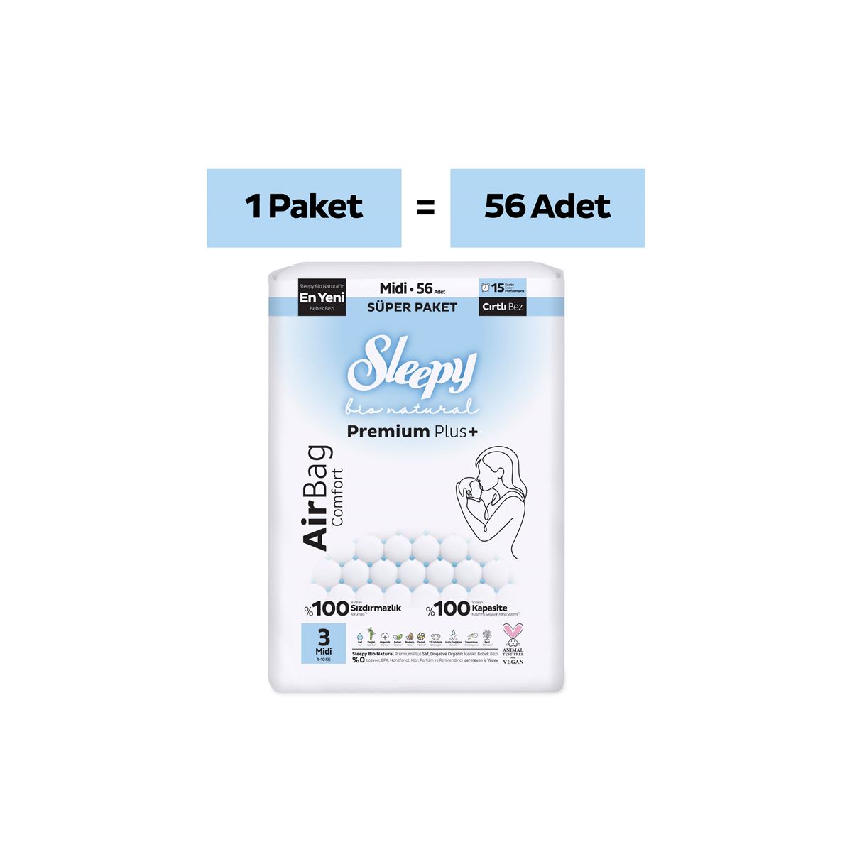 Sleepy Bio Natural Premium Plus Airbag Comfort Süper Paket Bebek Bezi 3 Numara Midi 56 Adet