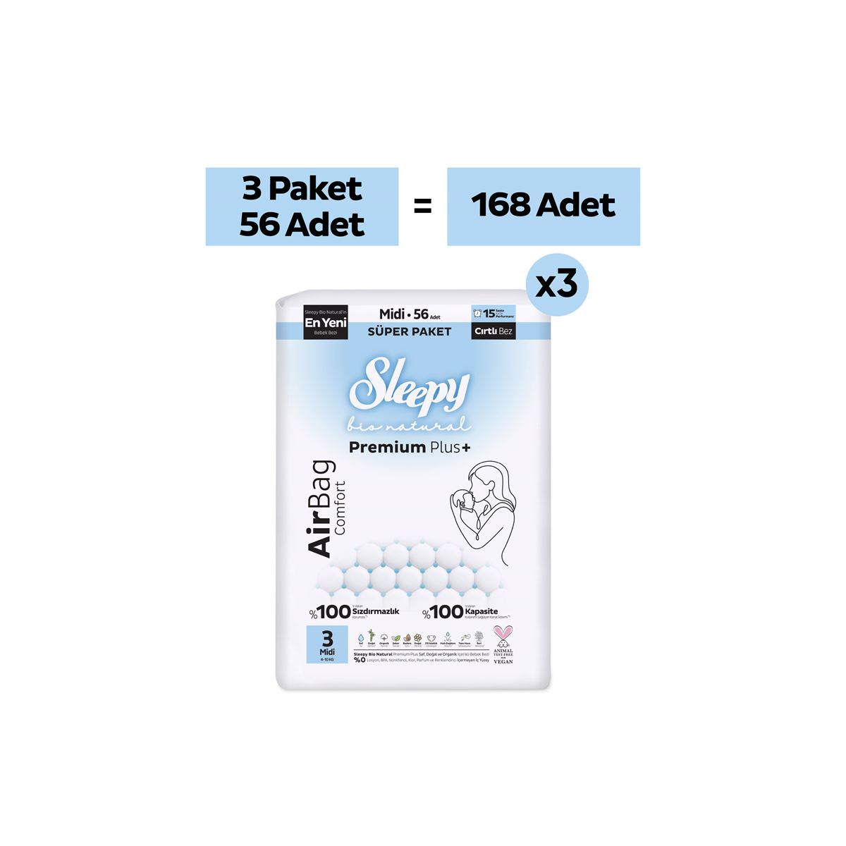 Sleepy Bio Natural Premium Plus Airbag Comfort Mega Paket Bebek Bezi 3 Numara Midi 168 Adet