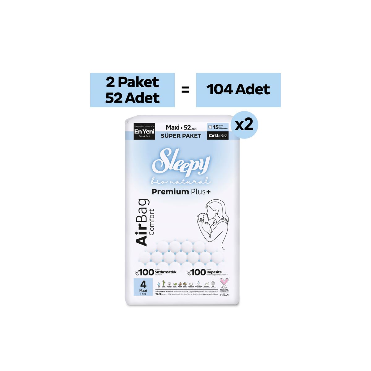 Sleepy Bio Natural Premium Plus Airbag Comfort Avantaj Paketi Bebek Bezi 4 Numara Maxi 104 Adet