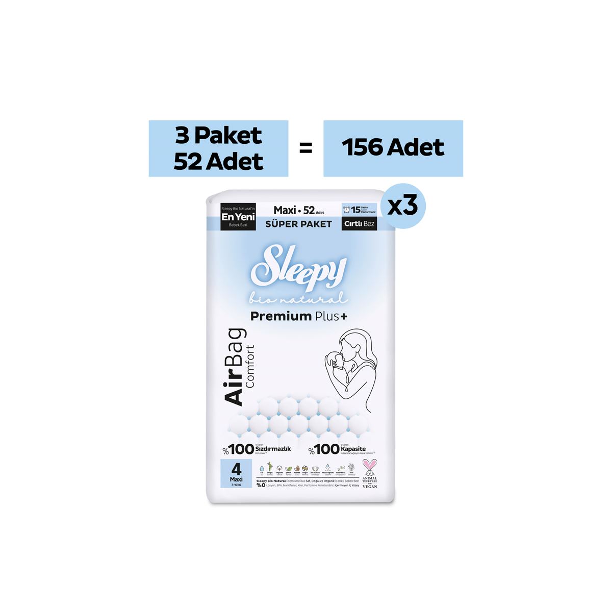 Sleepy Bio Natural Premium Plus Airbag Comfort Mega Paket Bebek Bezi 4 Numara Maxi 156 Adet