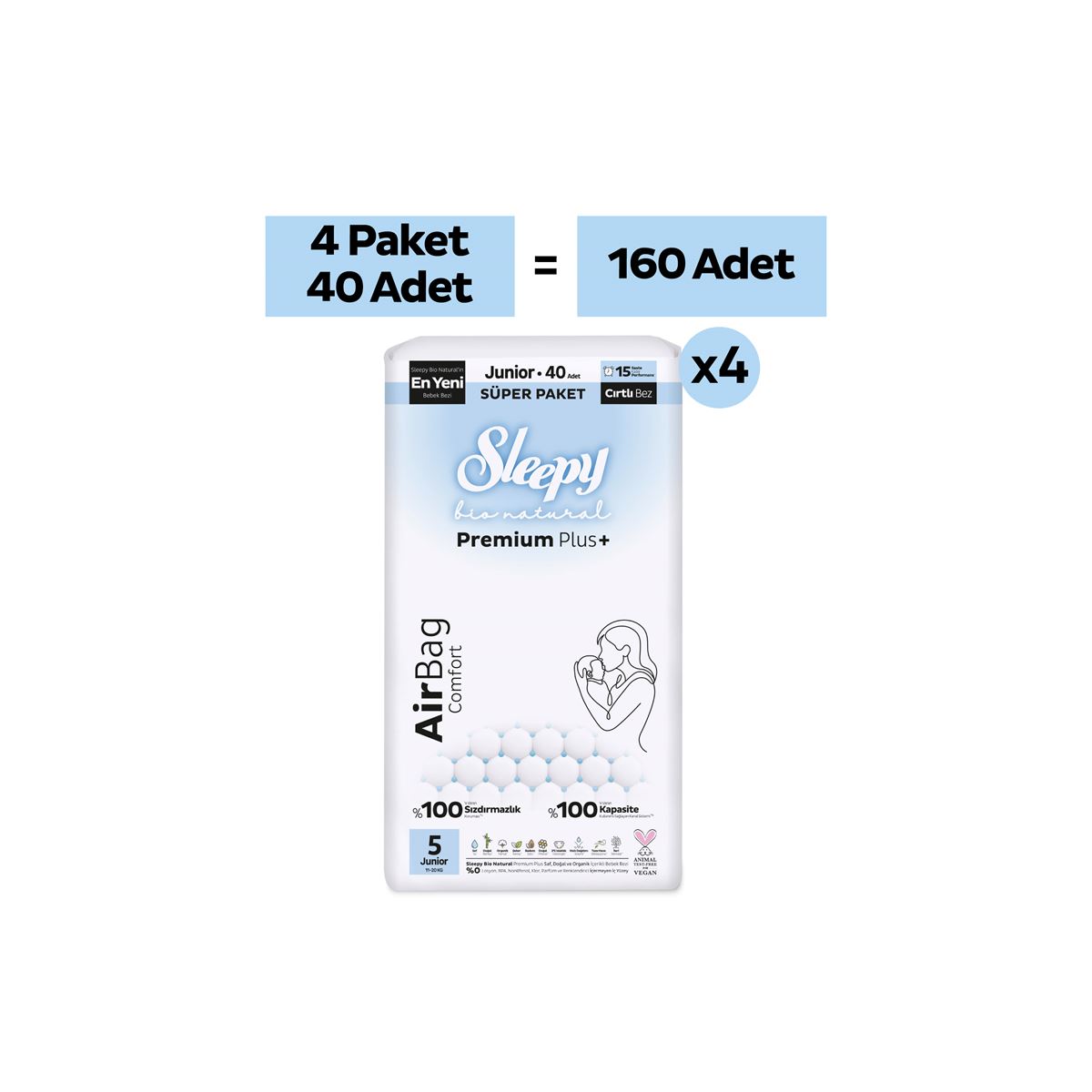 Sleepy Bio Natural Premium Plus Airbag Comfort Ultra Paket Bebek Bezi 5 Numara Junior 160 Adet