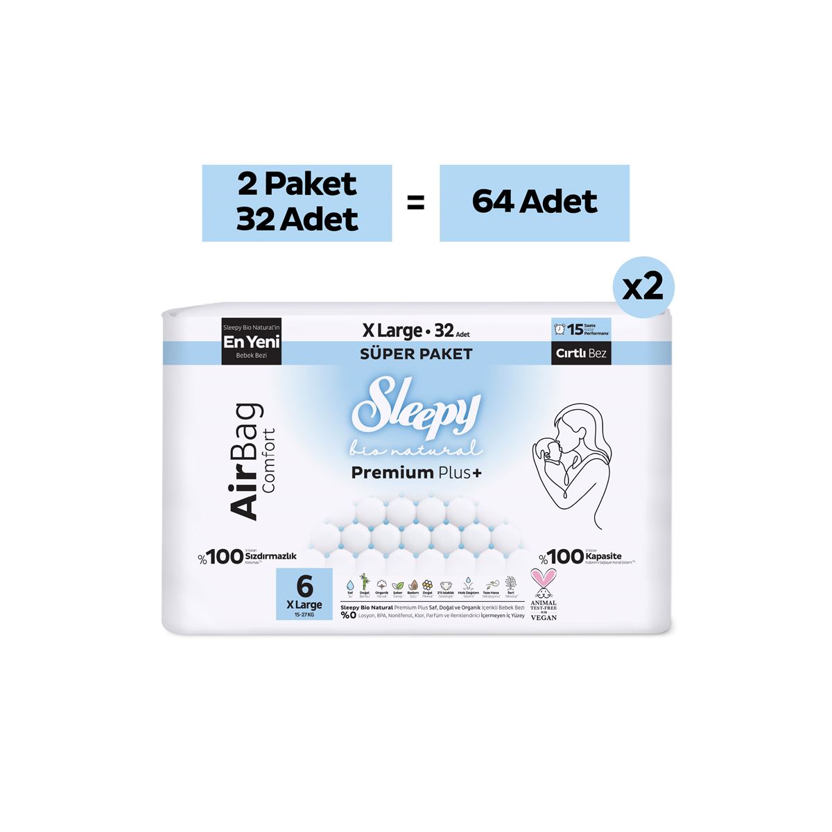 Sleepy Bio Natural Premium Plus Airbag Comfort Avantaj Paketi Bebek Bezi 6 Numara Xlarge 64 Adet