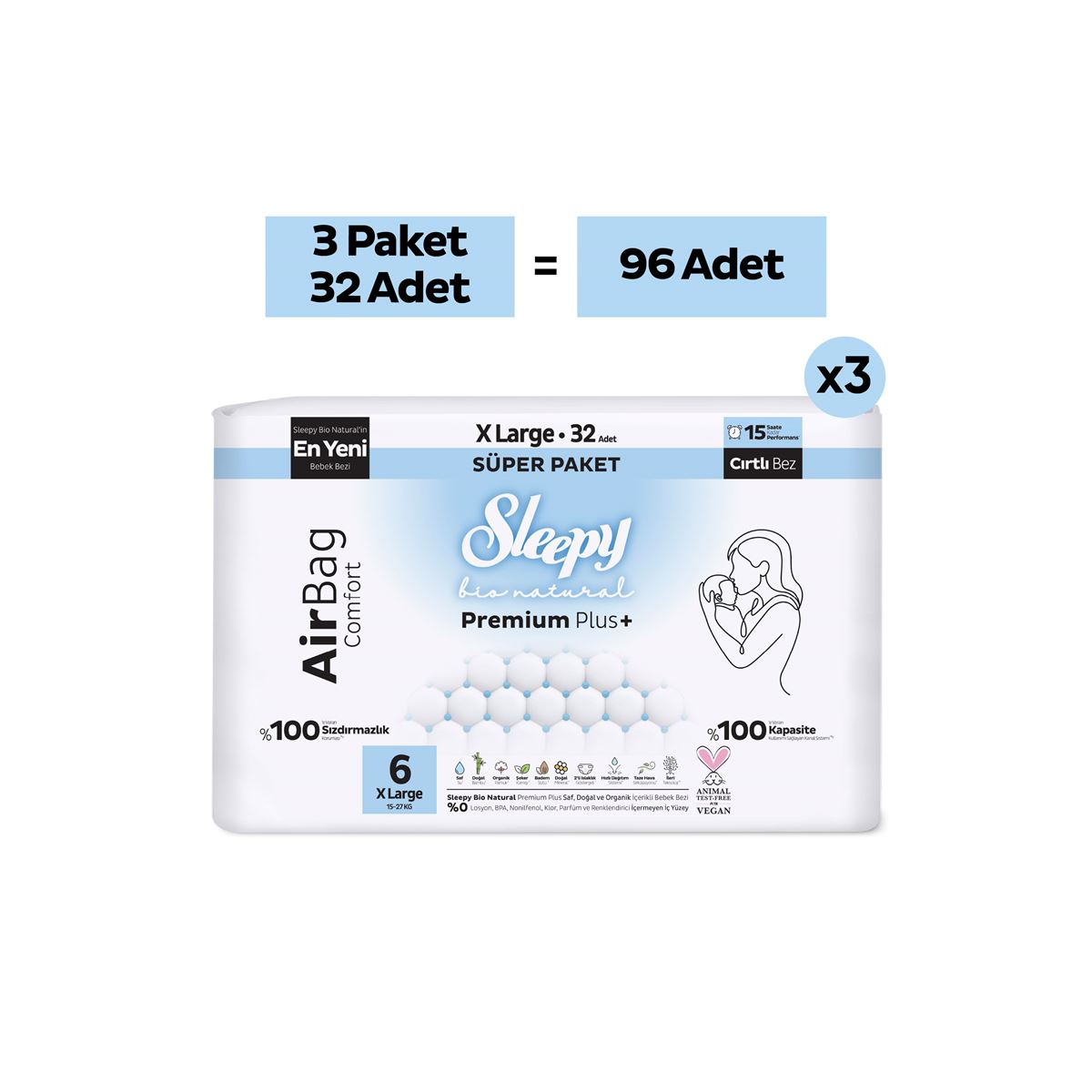 Sleepy Bio Natural Premium Plus Airbag Comfort Mega Paket Bebek Bezi 6 Numara Xlarge 96 Adet
