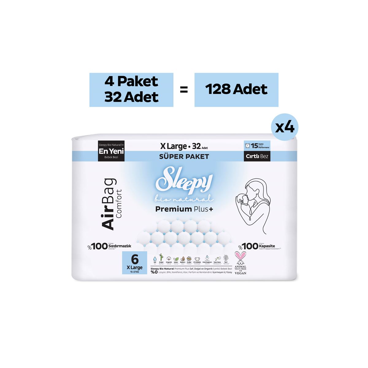Sleepy Bio Natural Premium Plus Airbag Comfort Ultra Paket Bebek Bezi 6 Numara Xlarge 128 Adet