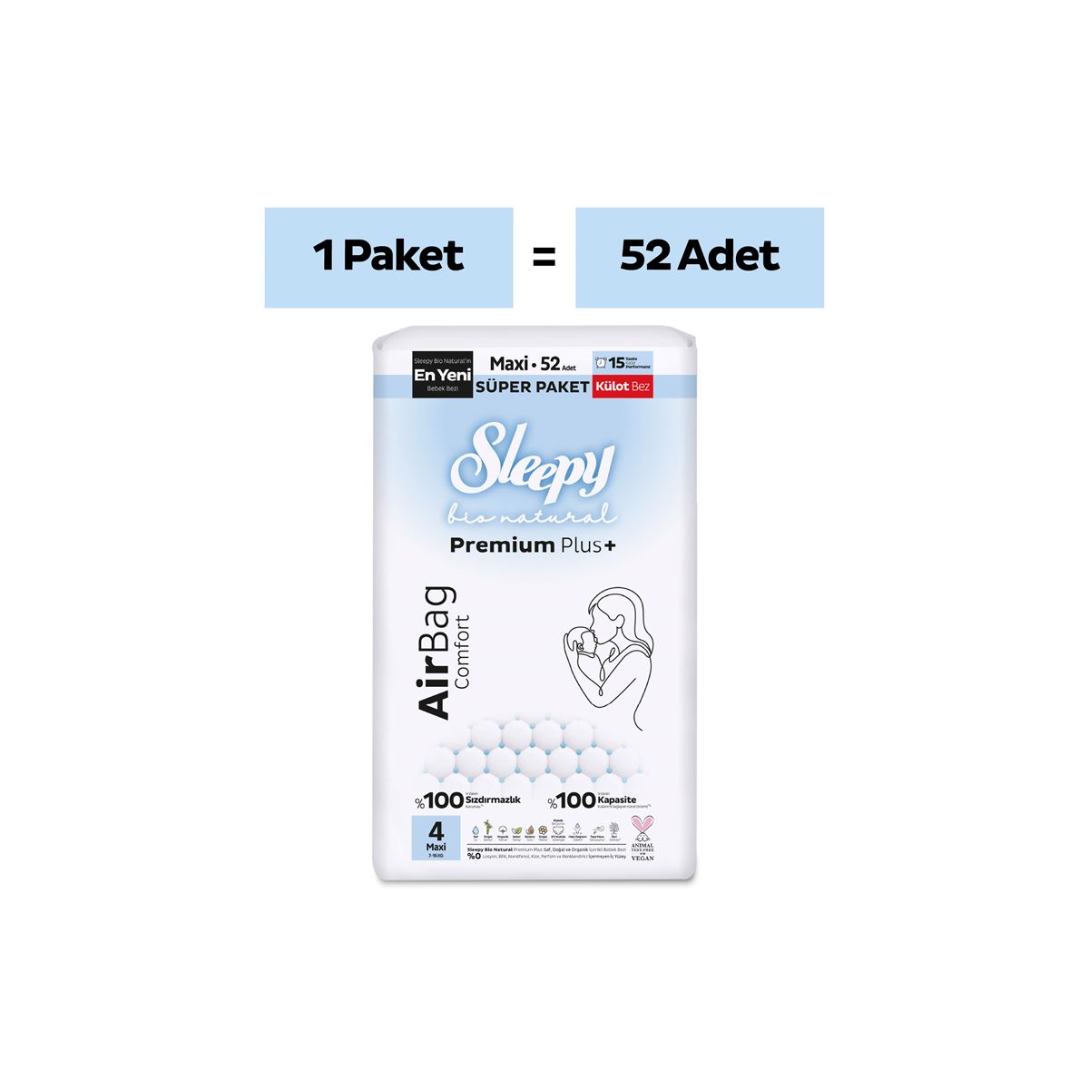 Sleepy Bio Natural Premium Plus Airbag Comfort Süper Paket Külot Bez 4 Numara Maxi 52 Adet