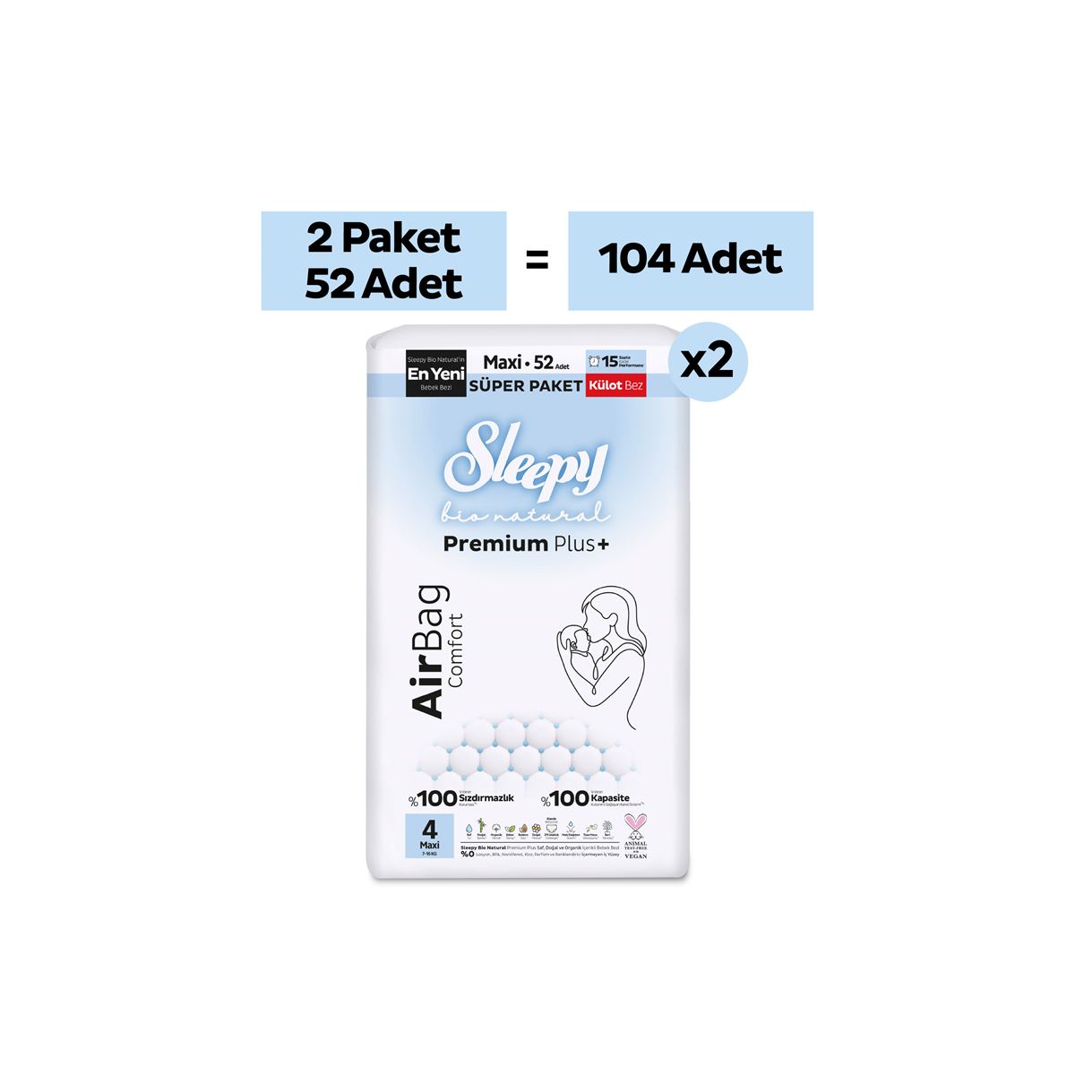 Sleepy Bio Natural Premium Plus Airbag Comfort Avantaj Paketi Külot Bez 4 Numara Maxi 104 Adet
