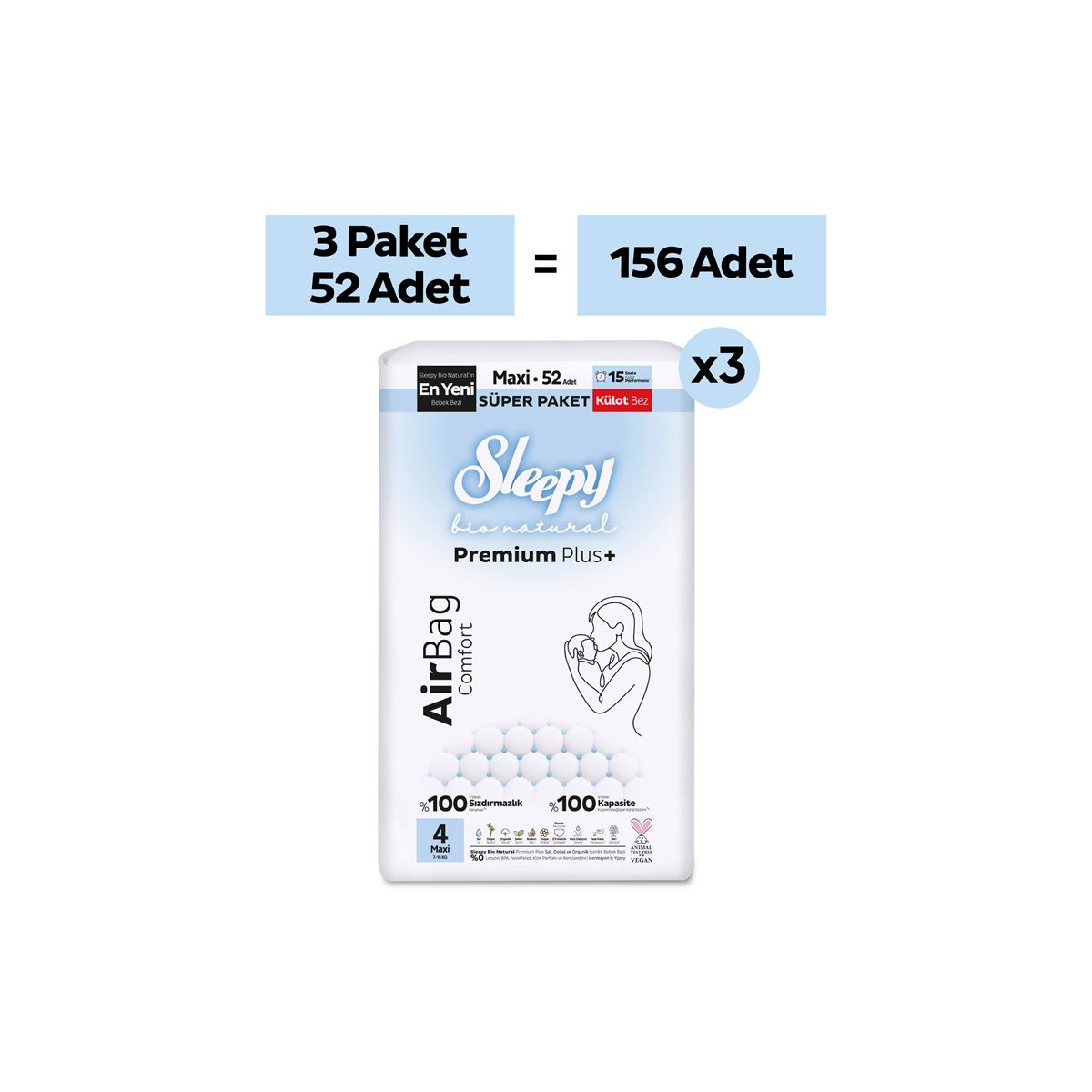 Sleepy Bio Natural Premium Plus Airbag Comfort Mega Paket Külot Bez 4 Numara Maxi 156 Adet