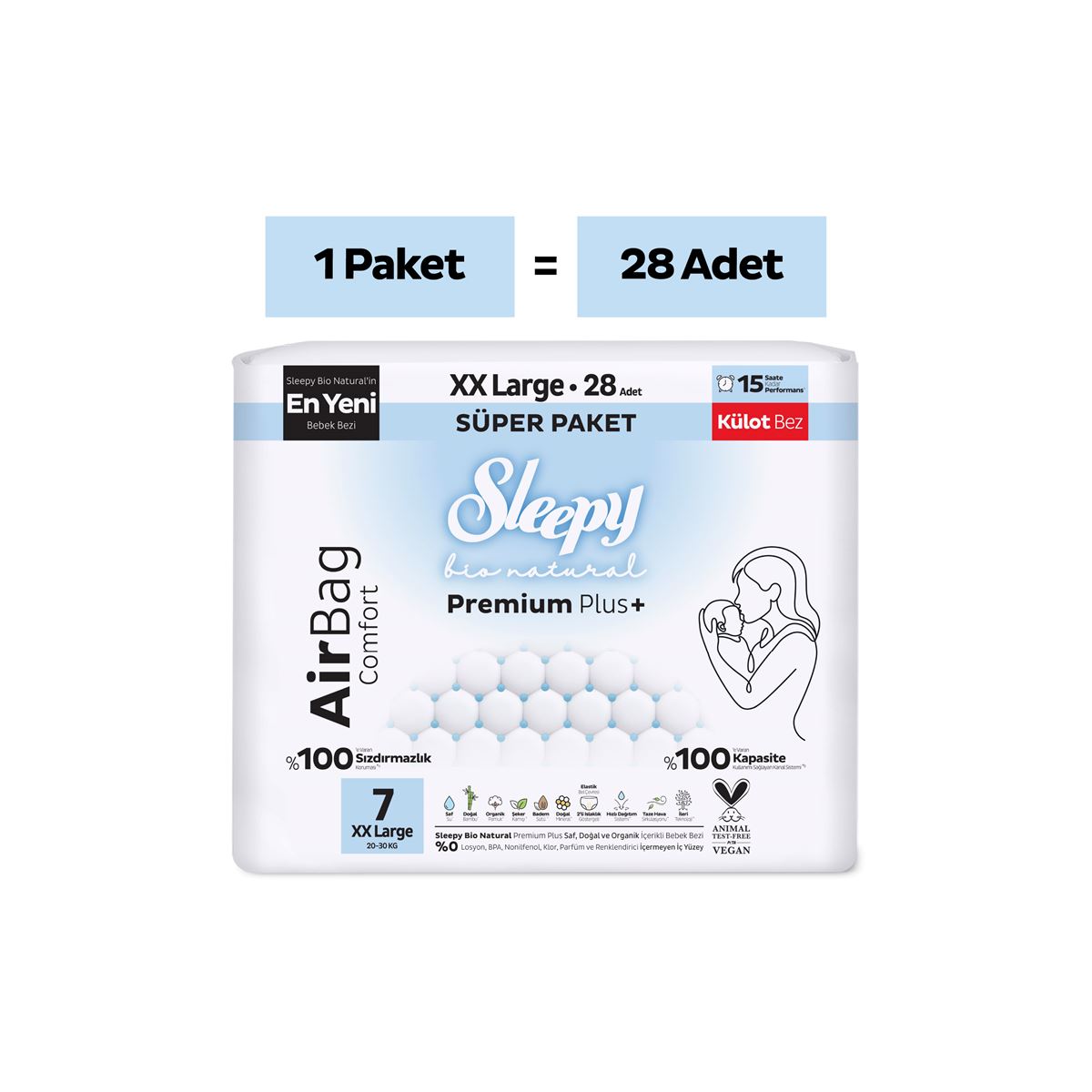 Sleepy Bio Natural Premium Plus Airbag Comfort Süper Paket Külot Bez 7 Numara Xxlarge 28 Adet