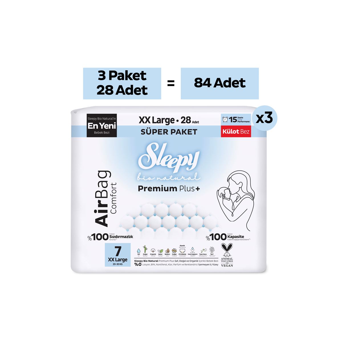 Sleepy Bio Natural Premium Plus Airbag Comfort Mega Paket Külot Bez 7 Numara Xxlarge 84 Adet