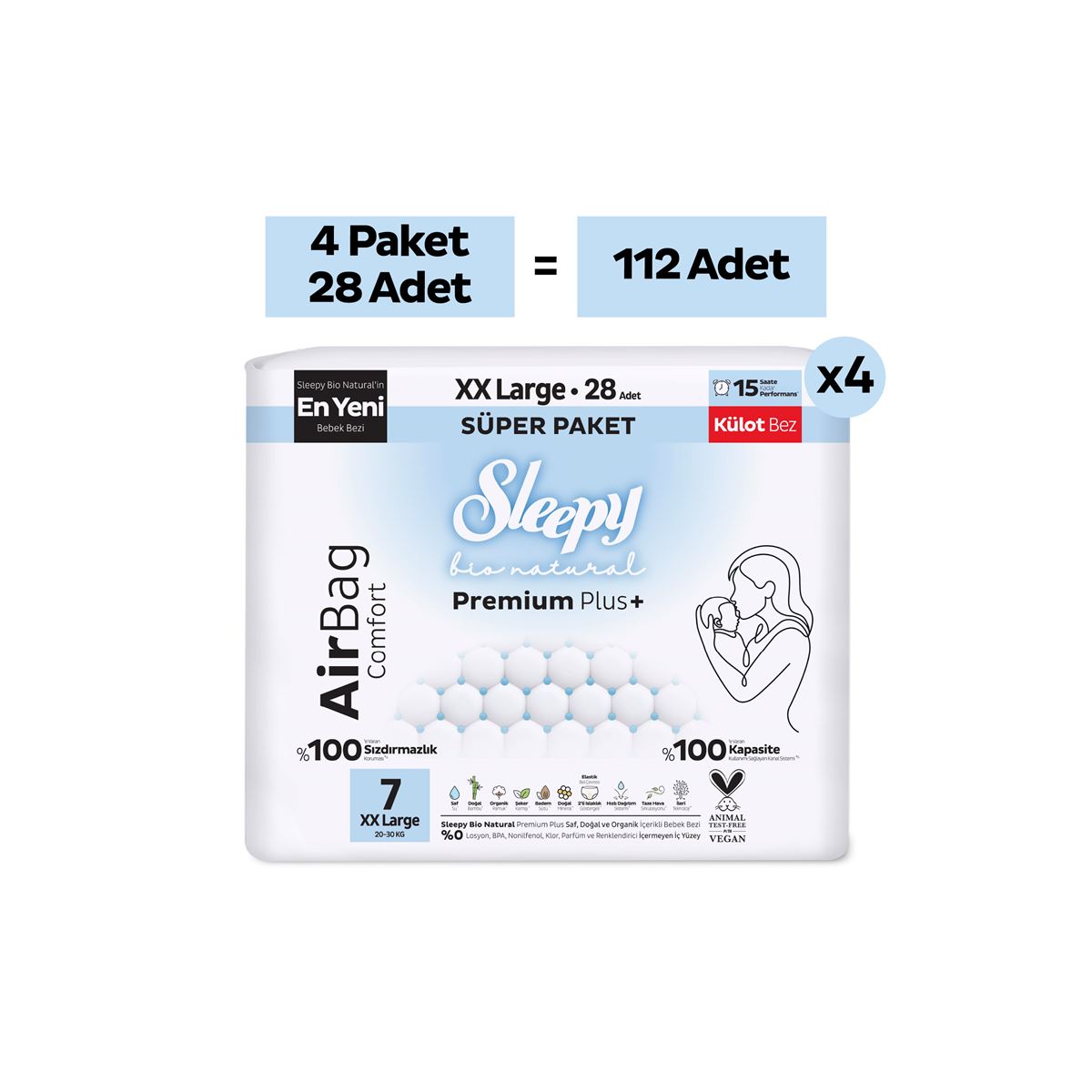 Sleepy Bio Natural Premium Plus Airbag Comfort Ultra Paket Külot Bez 7 Numara Xxlarge 112 Adet