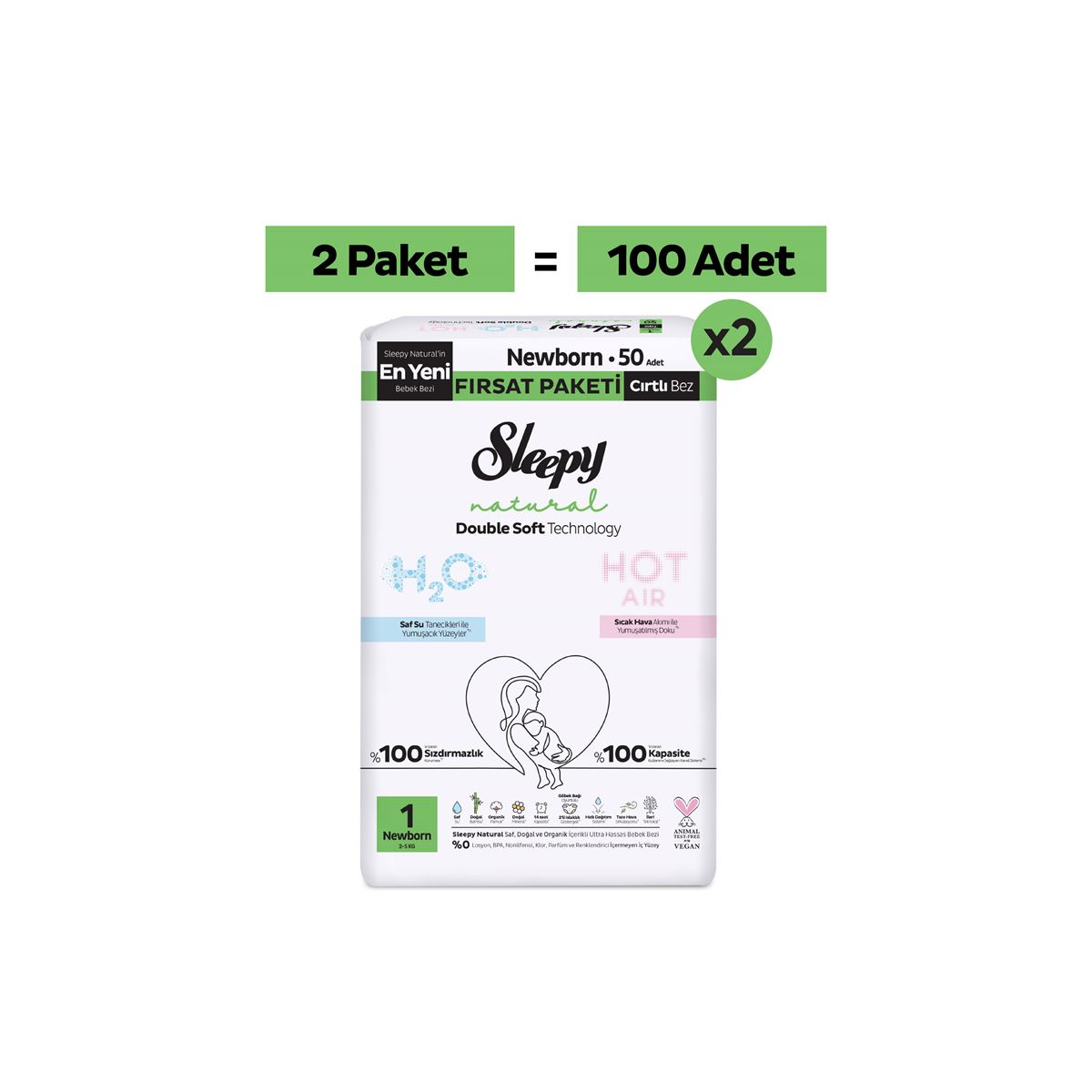 Sleepy Natural Double Soft Ultra Fırsat Paketi Bebek Bezi 1 Numara Newborn 100 Adet