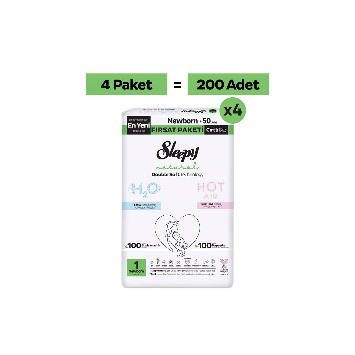 Sleepy Natural Double Soft Mega Fırsat Paketi Bebek Bezi 1 Numara Newborn 200 Adet