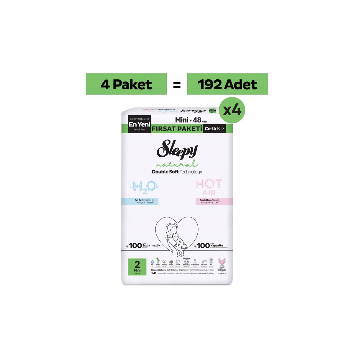 Sleepy Natural Double Soft Mega Fırsat Paketi Bebek Bezi 2 Numara Mini 192 Adet