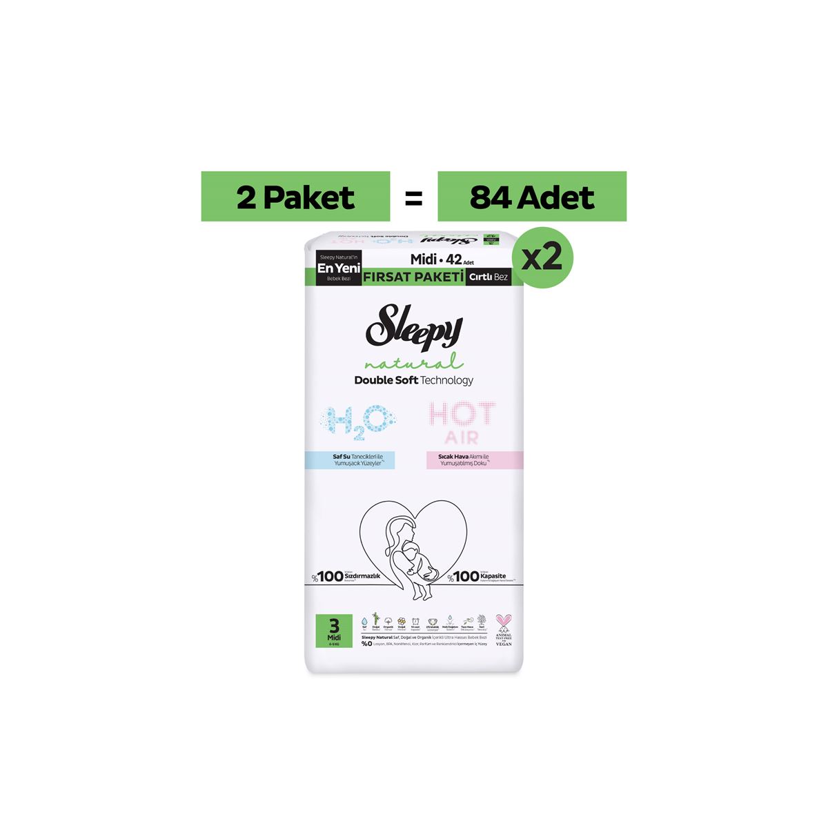 Sleepy Natural Double Soft Ultra Fırsat Paketi Bebek Bezi 3 Numara Midi 84 Adet