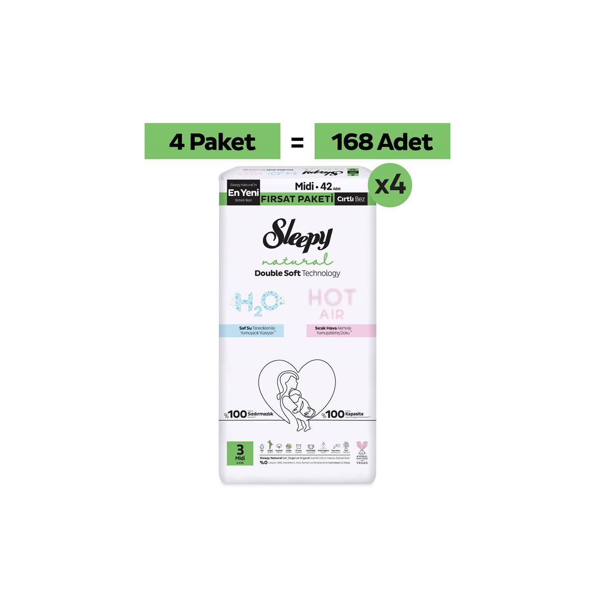 Sleepy Natural Double Soft Mega Fırsat Paketi Bebek Bezi 3 Numara Midi 168 Adet