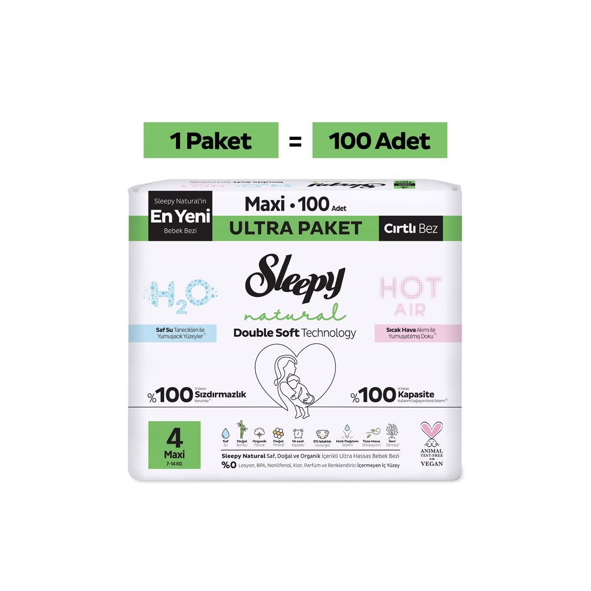 Sleepy Natural Double Soft Ultra Paket Bebek Bezi 4 Numara Maxi 100 Adet