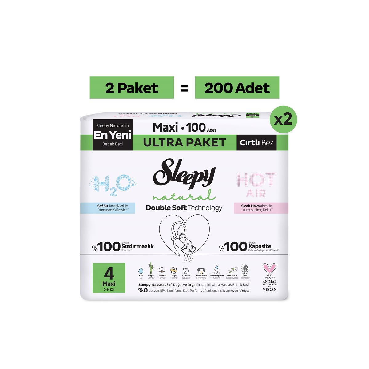 Sleepy Natural Double Soft Ultra Fırsat Paketi Bebek Bezi 4 Numara Maxi 200 Adet